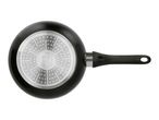 Bottom view of a black frying pan with a silver-colored base and a black handle.