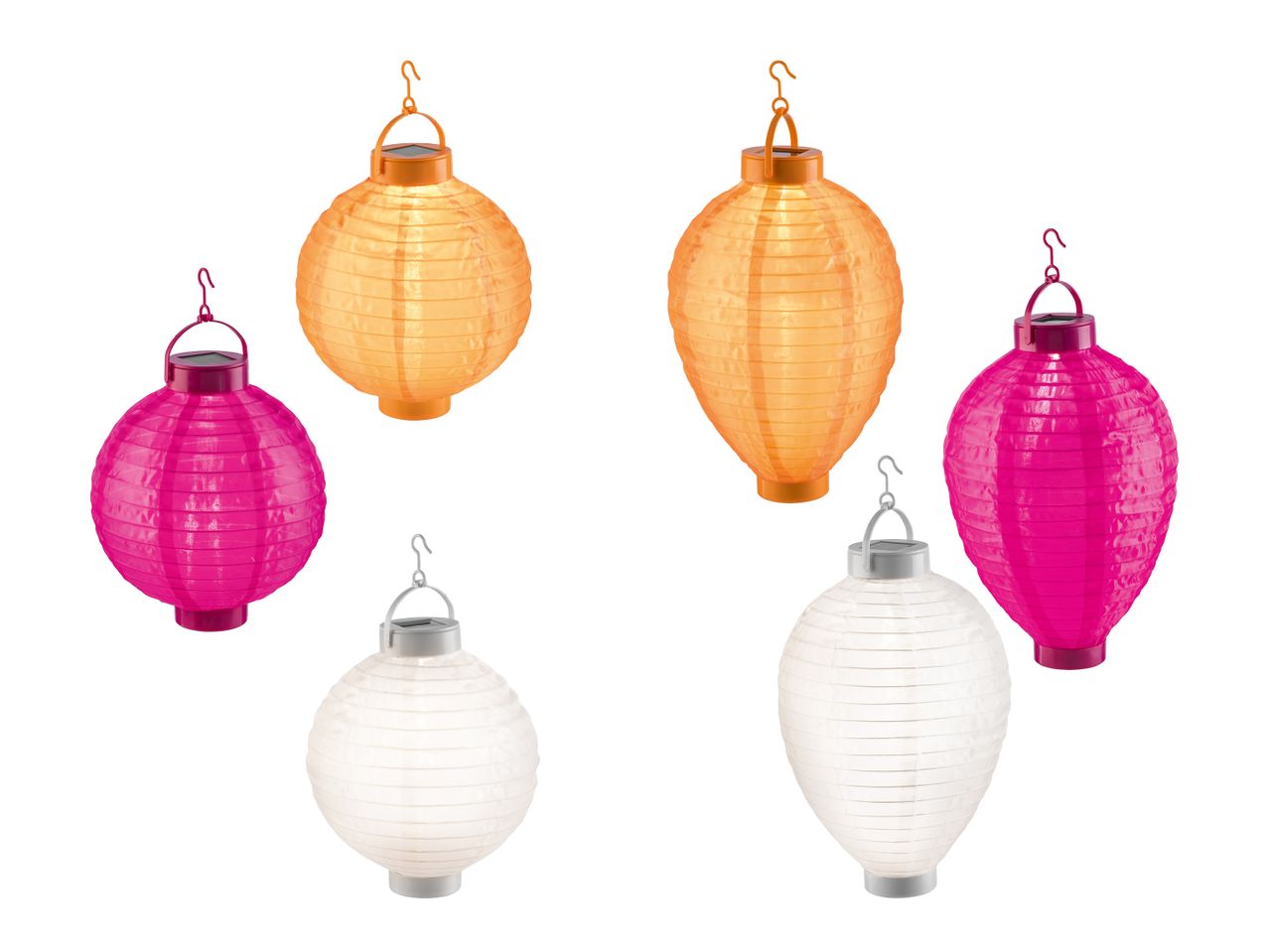 Sechs Solar-Lampions in Pink, Orange und Weiß, zwei davon länglich.