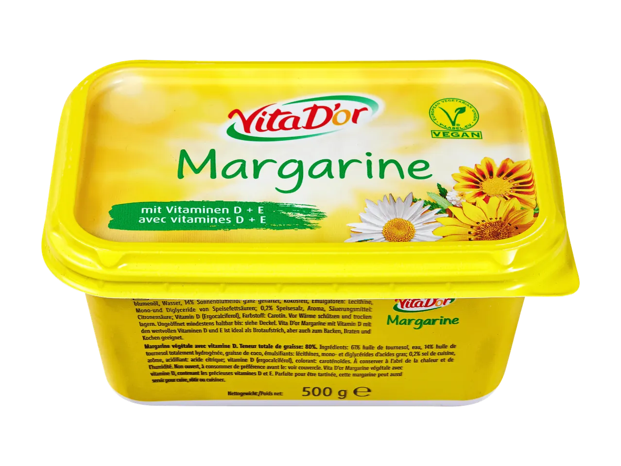 Behälter mit Pflanzenmargarine mit Vitamin D und E, 500g, mit Blumen und einem veganen Logo.