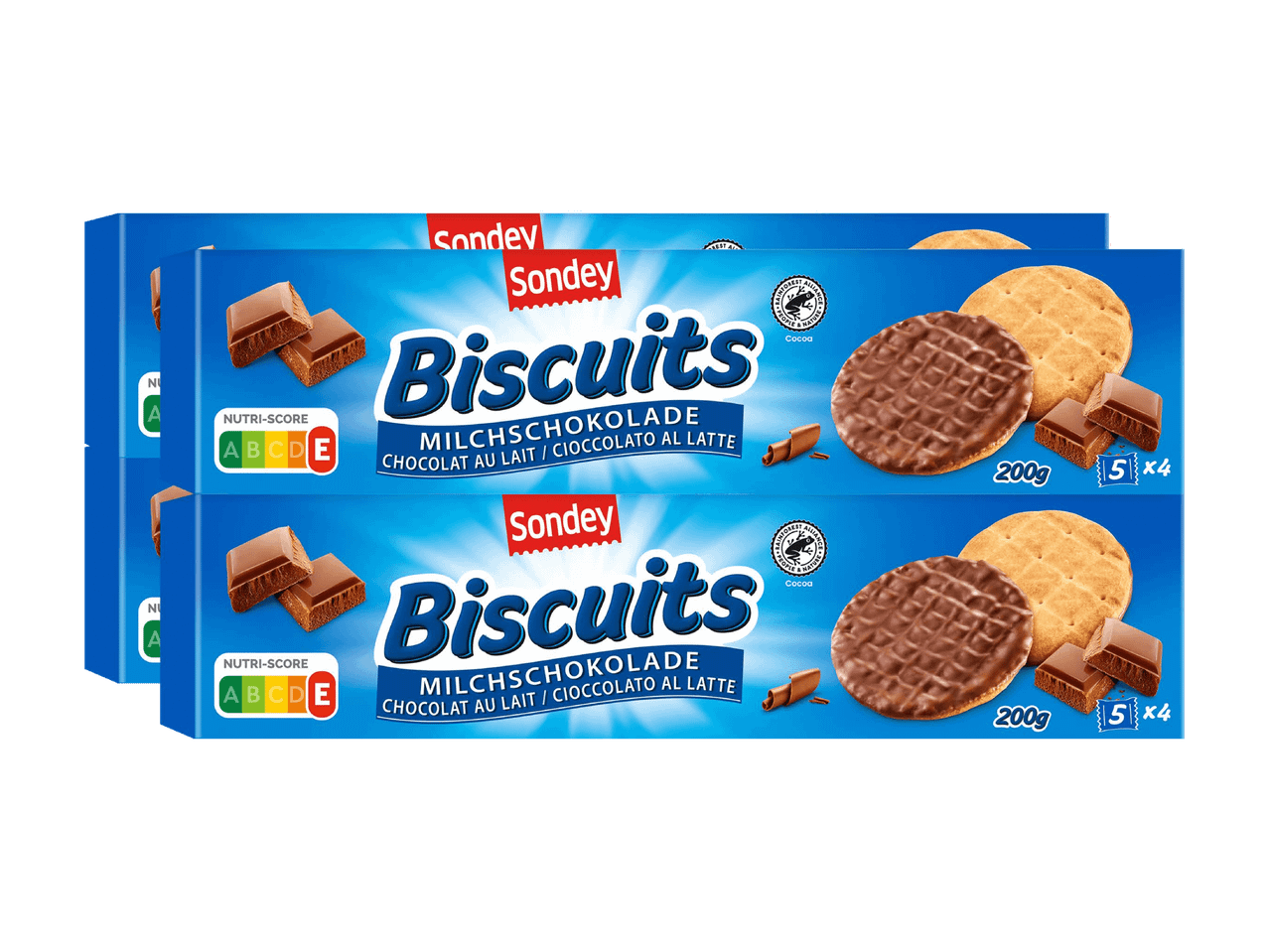 Zwei Packungen Milchschokoladenkekse mit Nutri-Score E, 200g und 5x4 Stück.