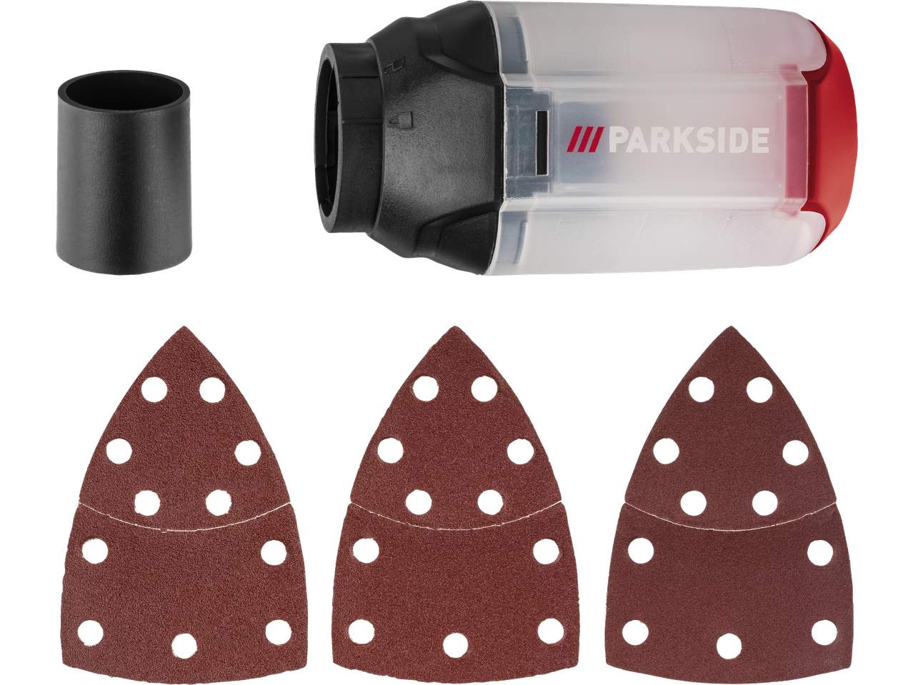 Adaptador de extração de pó Parkside com um acessório de mangueira preta.