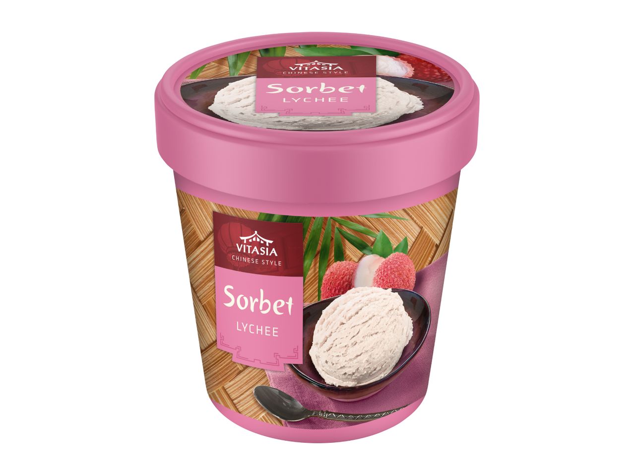Lychee sorbet in a pink tub with a scoop in a bowl and fresh lychees.