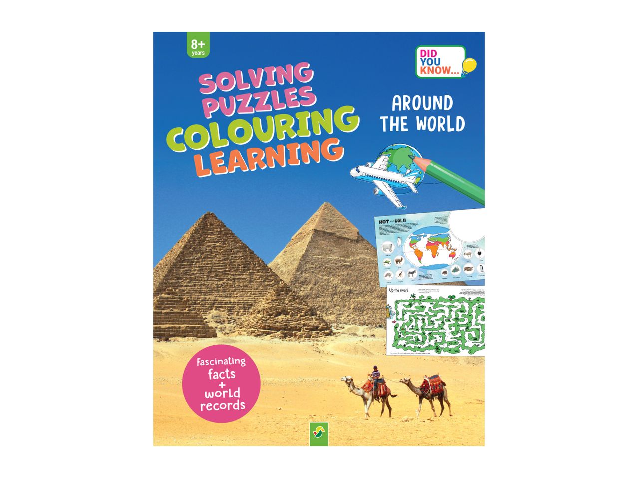 A children's activity book titled 'Solving Puzzles Colouring Learning Around the World' with pyramids and camels.