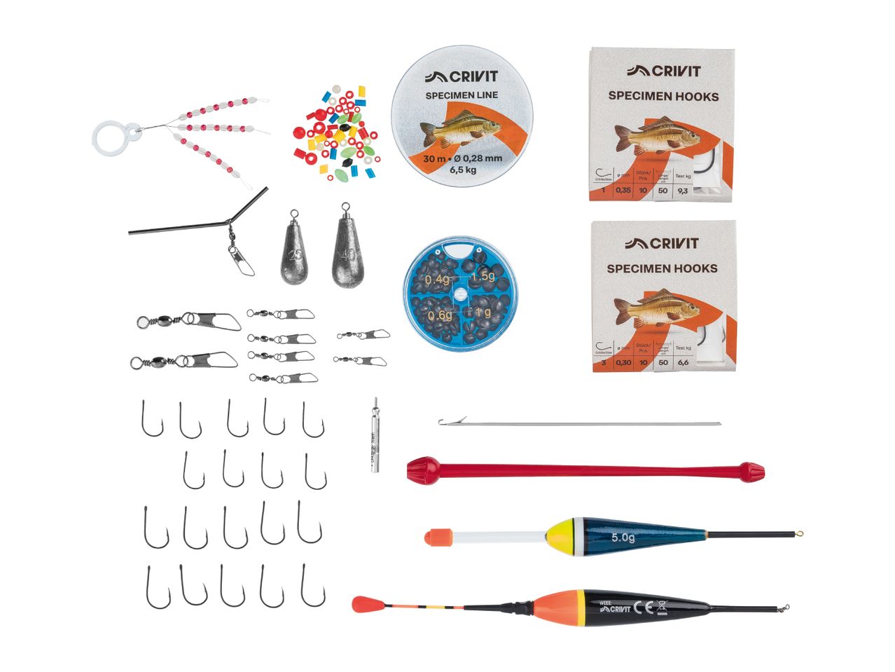 A collection of fishing gear including fishing line, hooks, weights, floats, and various small accessories.