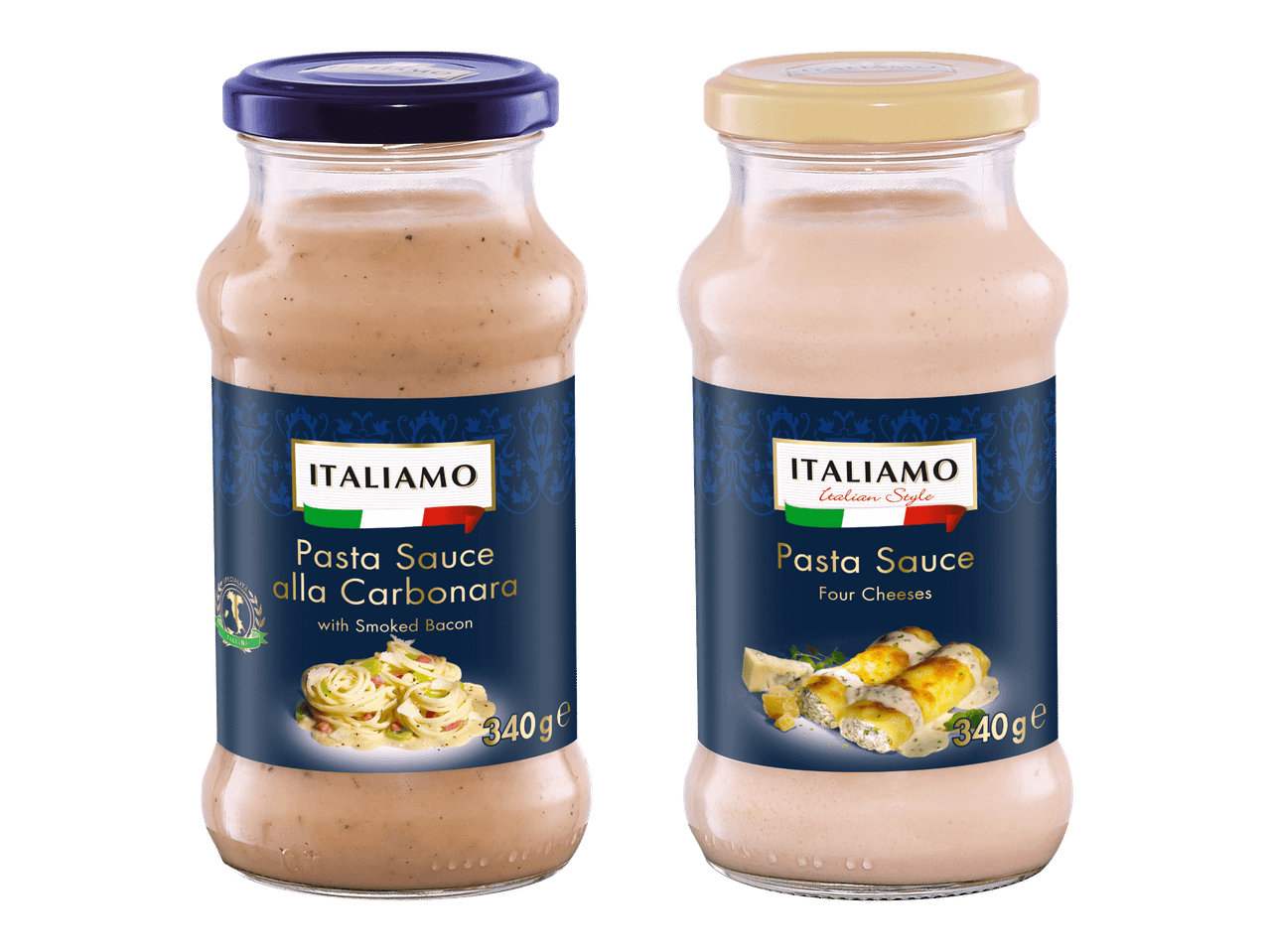 Kaksi Italiamo-pastakastikepulloa: Carbonara ja Neljä juustoa.