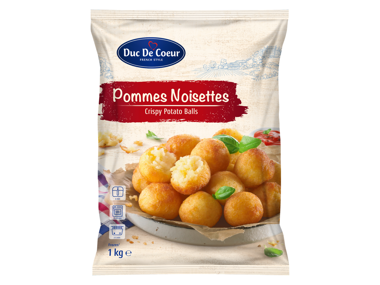 Duc De Coeur Pommes Noisettes: krokante aardappelballetjes, diepvries.