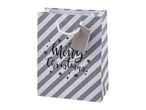 Grey and white striped gift bag with 'Merry Christmas' text and a blank tag.