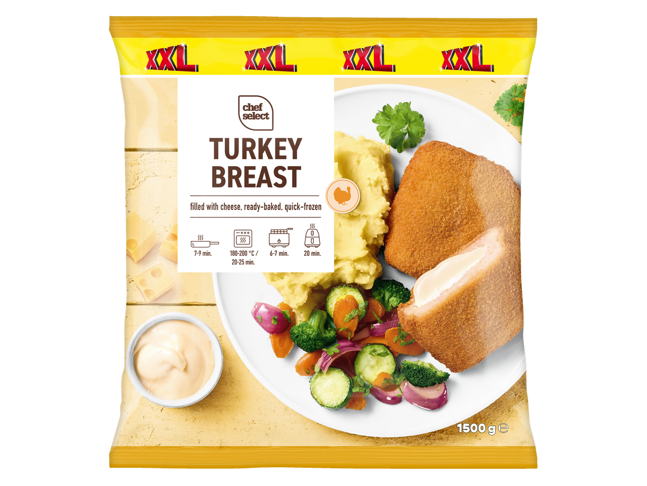 Piept de curcan XXL Chef Select, umplut cu brânză, gata copt și congelat rapid.