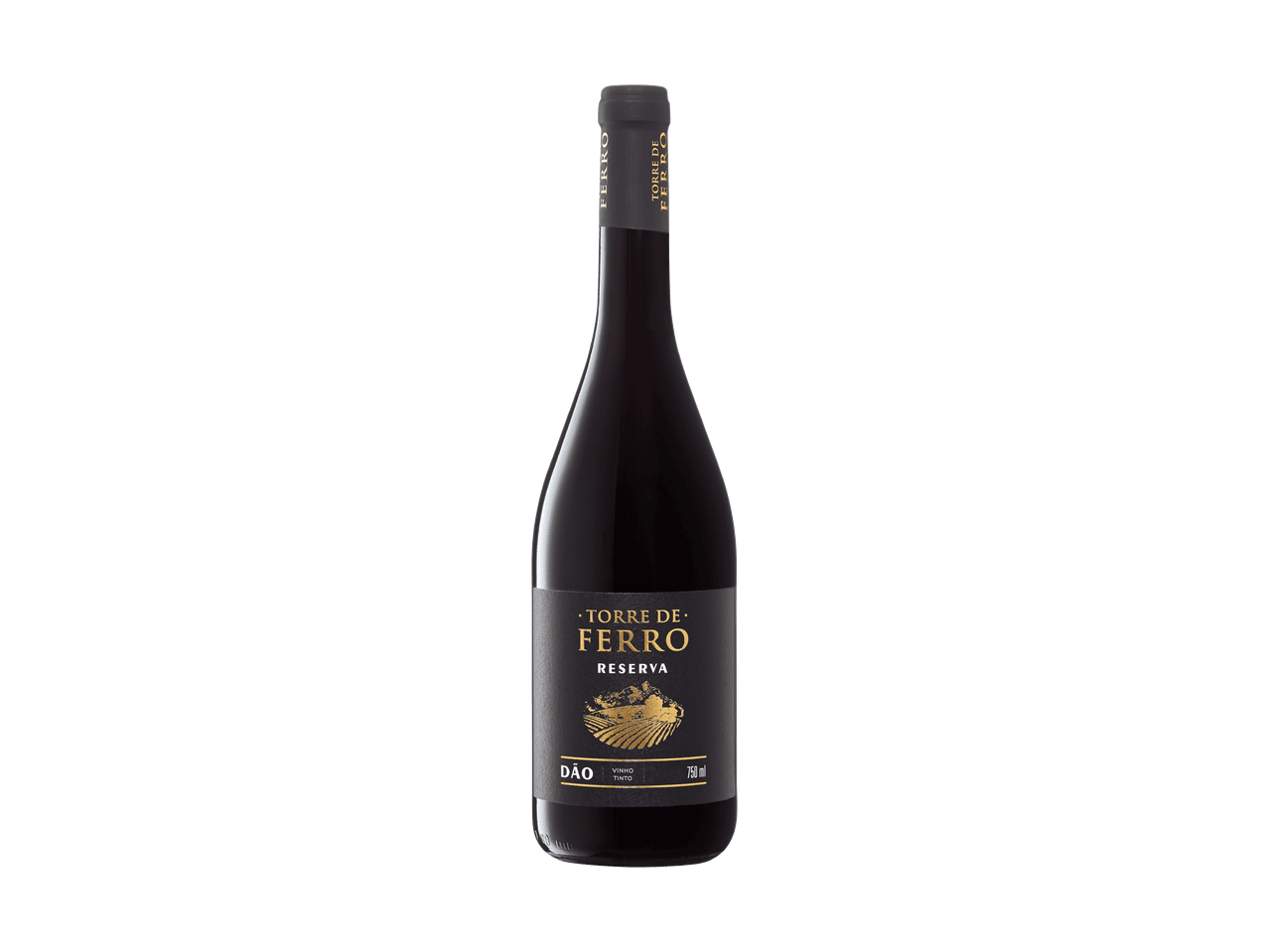 Flasche Rotwein Reserva mit schwarzem und goldenem Etikett, 750 ml.