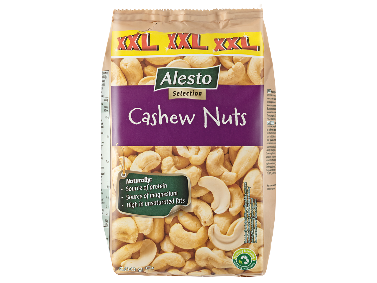 Κάσιους Alesto Selection XXL σε καφέ και μωβ συσκευασία, τονίζοντας τα φυσικά οφέλη.