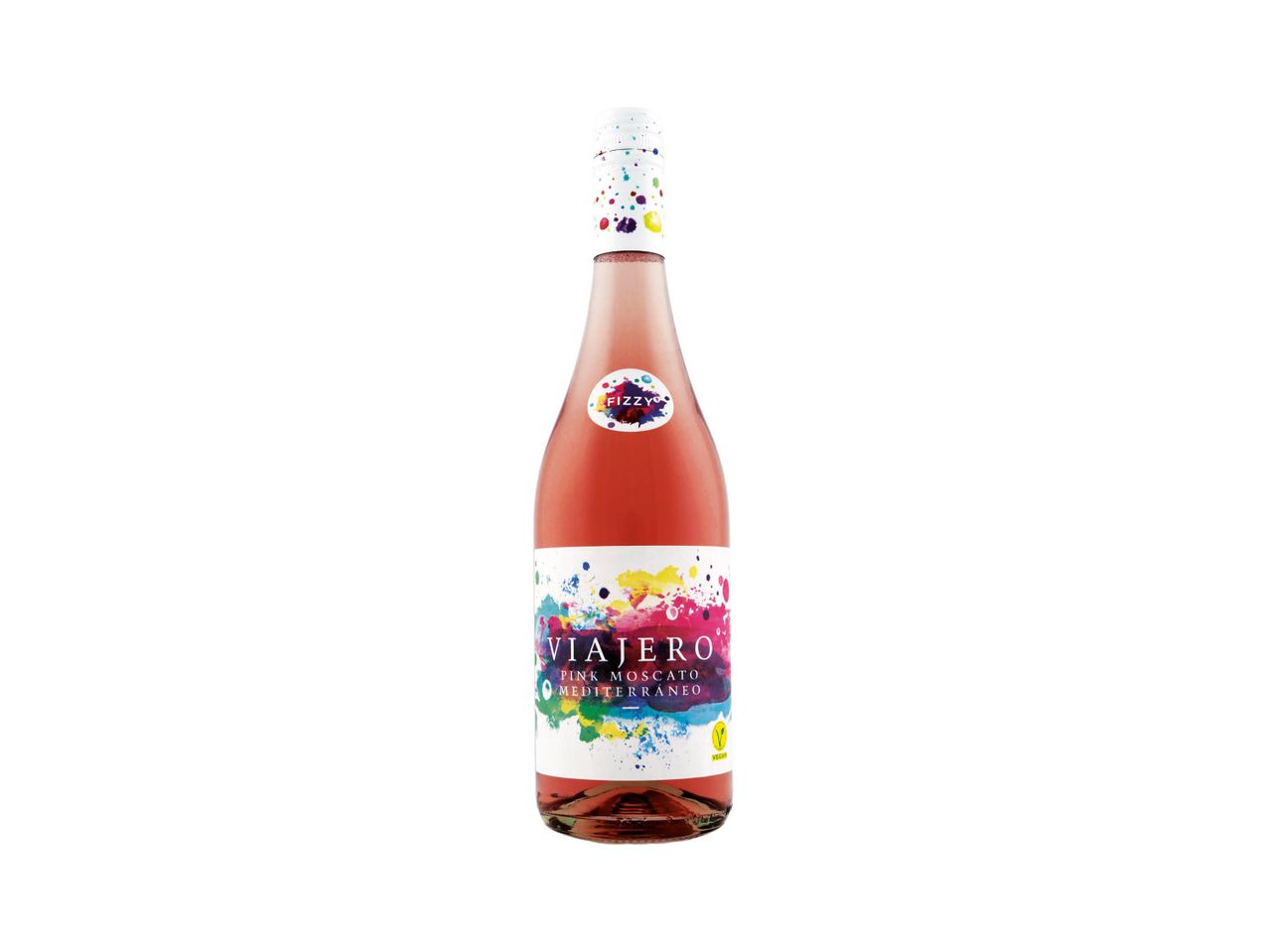 Bottle of Viajero pink Moscato sparkling wine.