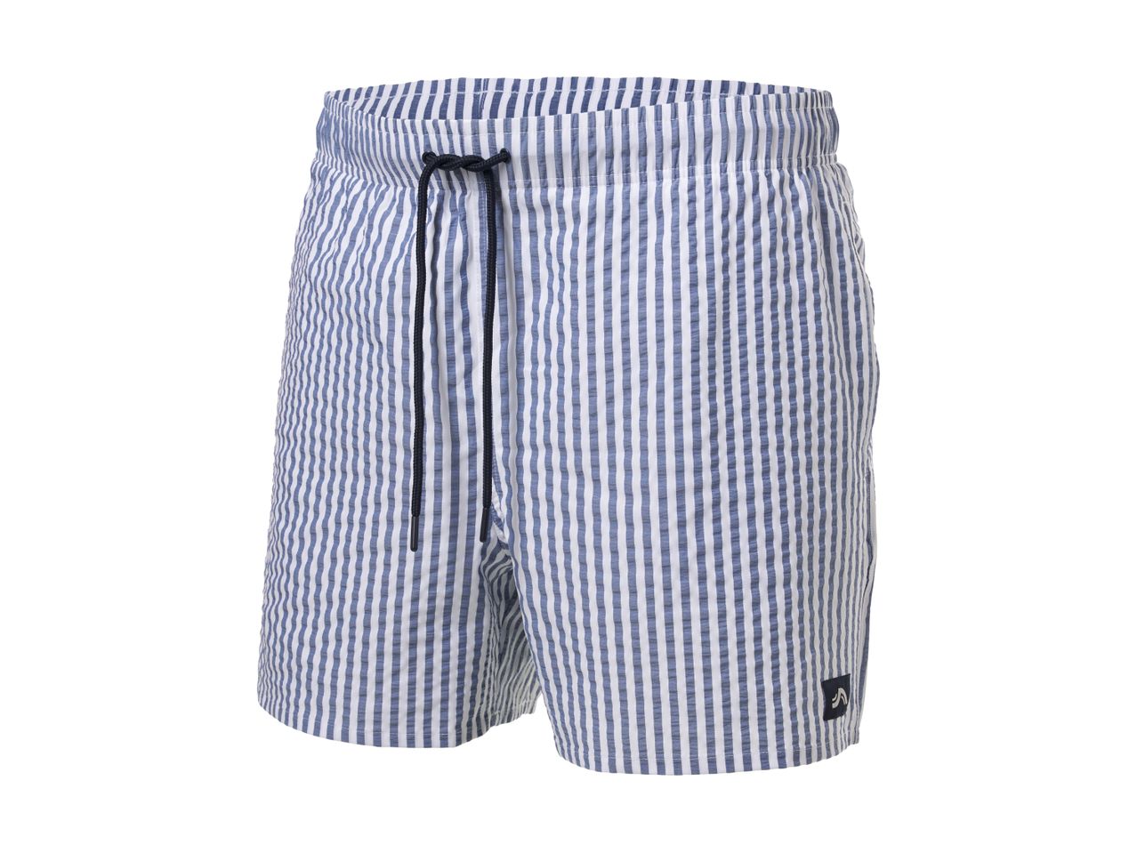 Stribede badeshorts i blå og hvid med snøre i taljen.