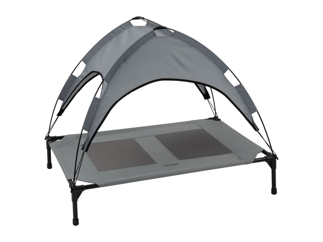 Grey elevated pet bed with a sun canopy