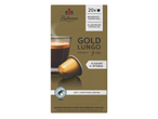 Кутия с 20 алуминиеви капсули кафе, съвместими с Nespresso, с надпис „Gold Lungo, сила 7/12, елегантно и интензивно“.