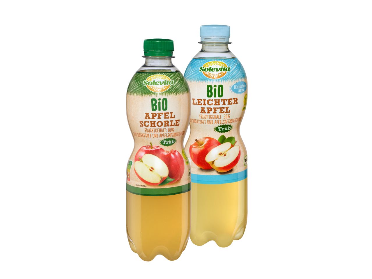Zwei Solevita Bio Apfelschorlen: eine klassische und eine leichtere Variante.