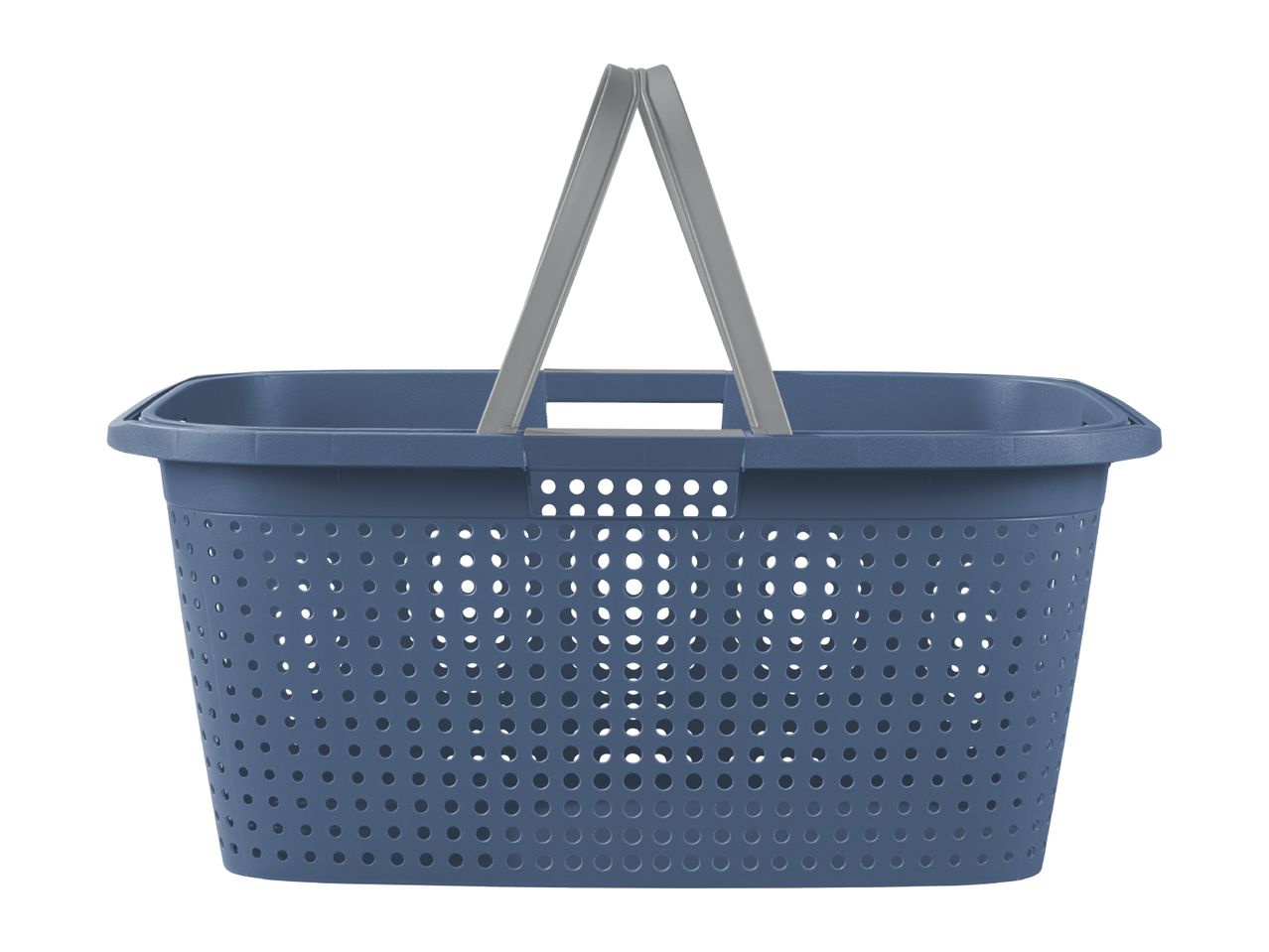 Blue plastic laundry basket with gray handles