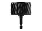 A black, cylindrical drill bit with a textured top and a hexagonal shaft.