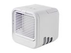 White portable air cooler with control buttons on top and water level indicators on the side