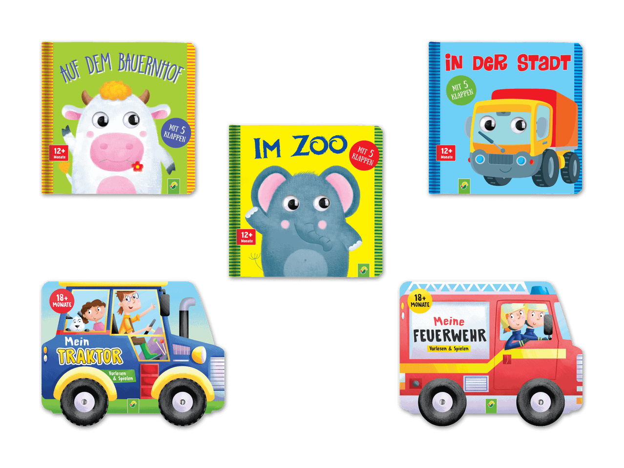 Fünf Kinderbücher und Spielzeugautos: Bauernhof, Zoo, Fahrzeuge.
