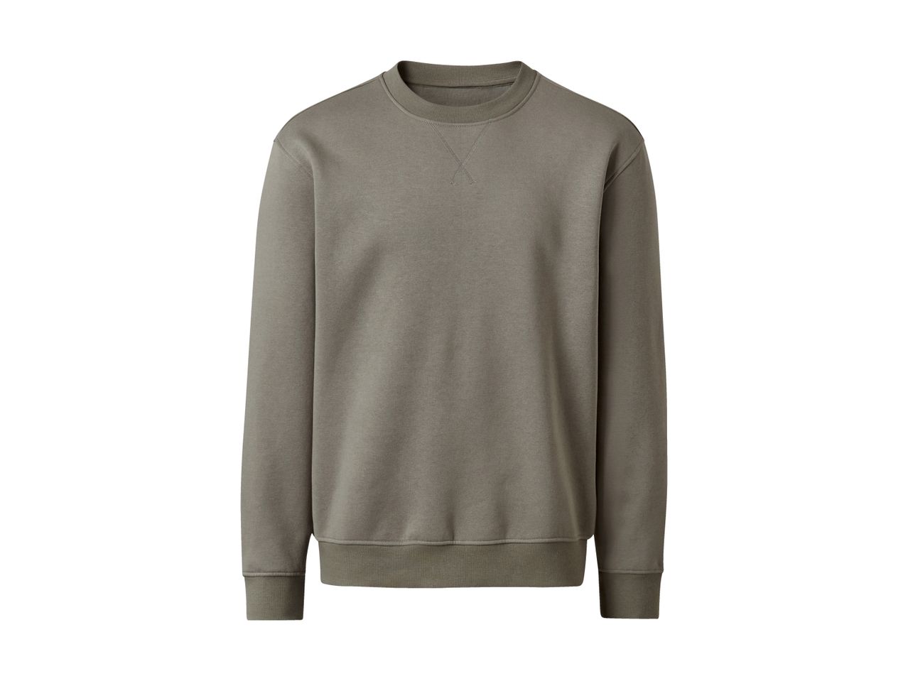 En grågrøn sweatshirt med rund hals og ribkanter.