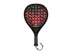 Black padel racket with red and lime green geometric patterns, featuring a light and resistant design.