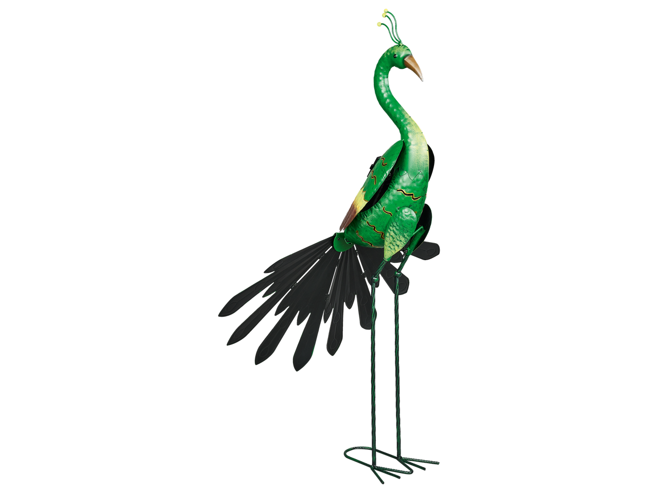 Sculpture décorative de paon vert métallique.