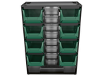 Органайзер за съхранение Parkside с 8 зелени кутии и 8 прозрачни чекмеджета.