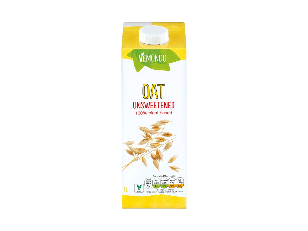 Ve Mondo unsweetened oat milk, 100% plant-based.