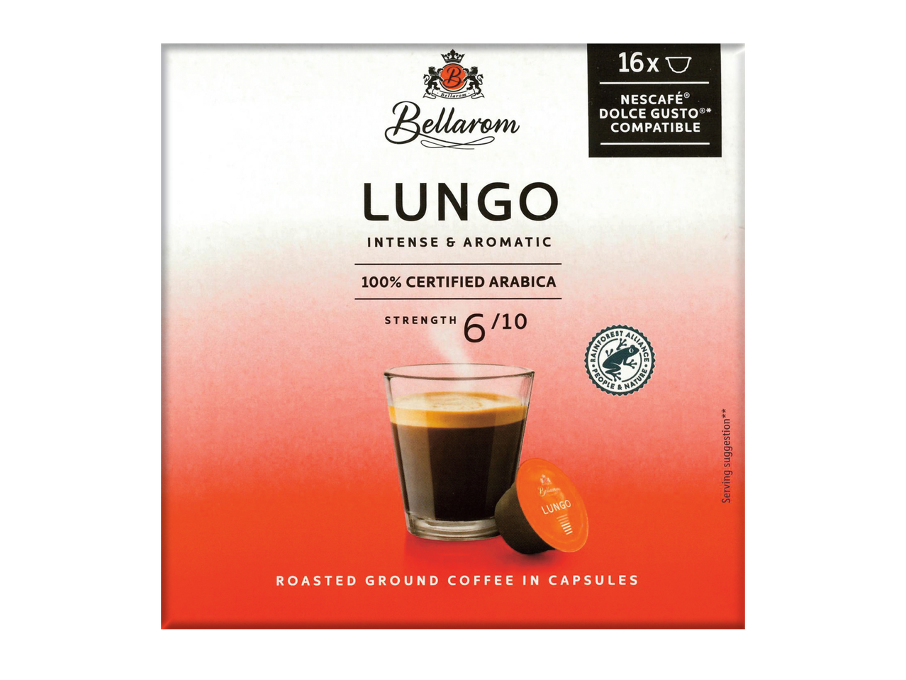 Кутия с кафе капсули лунго, 100% арабика, съвместими с Nescafé Dolce Gusto.