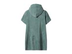 Back view of a teal hooded changing robe made from towel material.