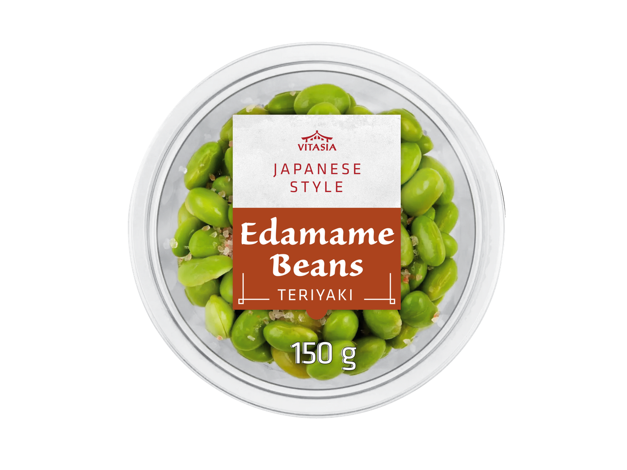 Vitasia Japanese Style Edamame Beans Teriyaki, 150g, in a clear round container.