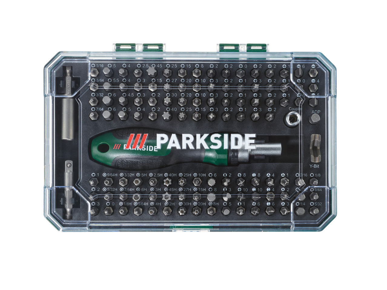 PARKSIDE Ratschenschraubendreher-Bit-Set: chave de fendas e pontas variadas numa caixa transparente.