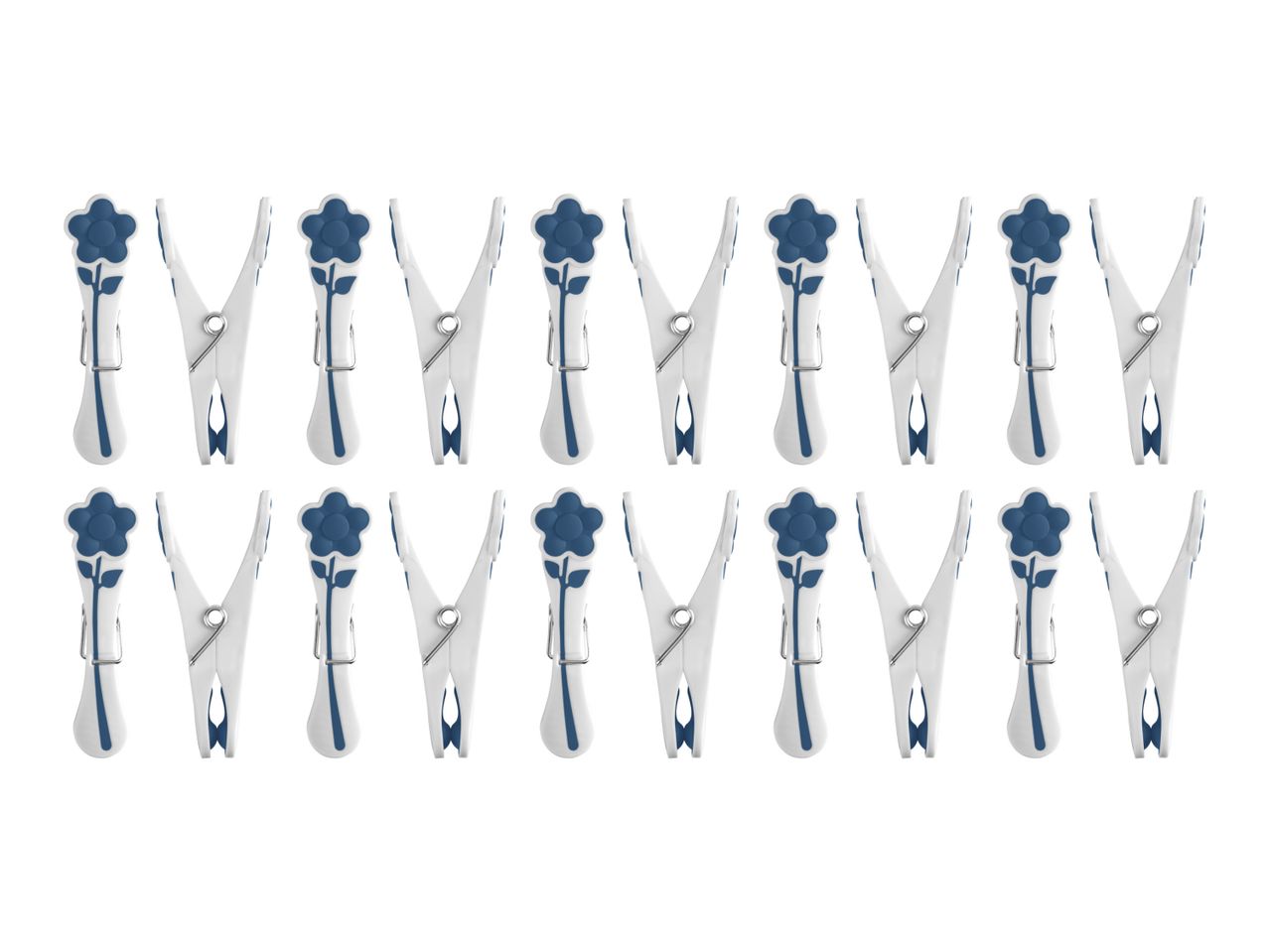 Eighteen blue and white star-shaped clothespins.