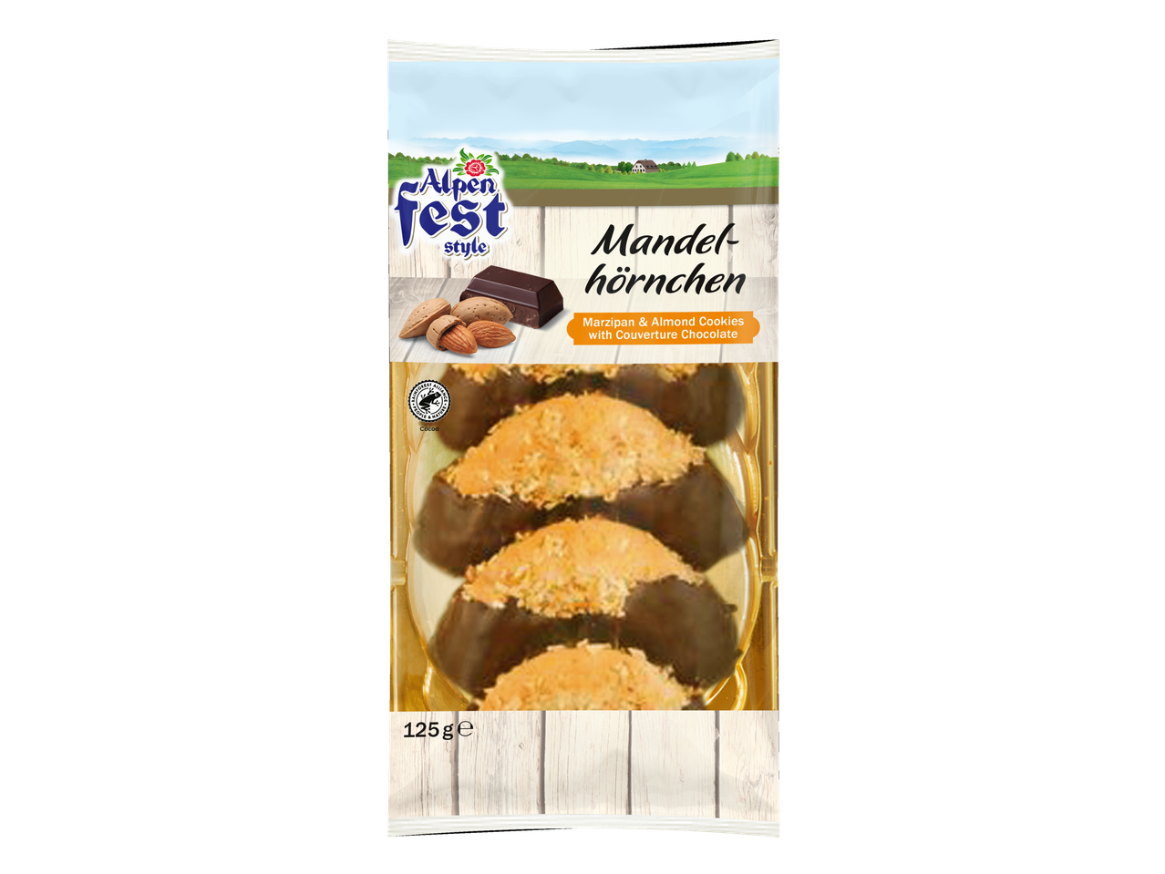 Alpenfest Mandelhörnchen, marsepein- en amandelkoekjes met chocoladecouverture, 125g verpakking.