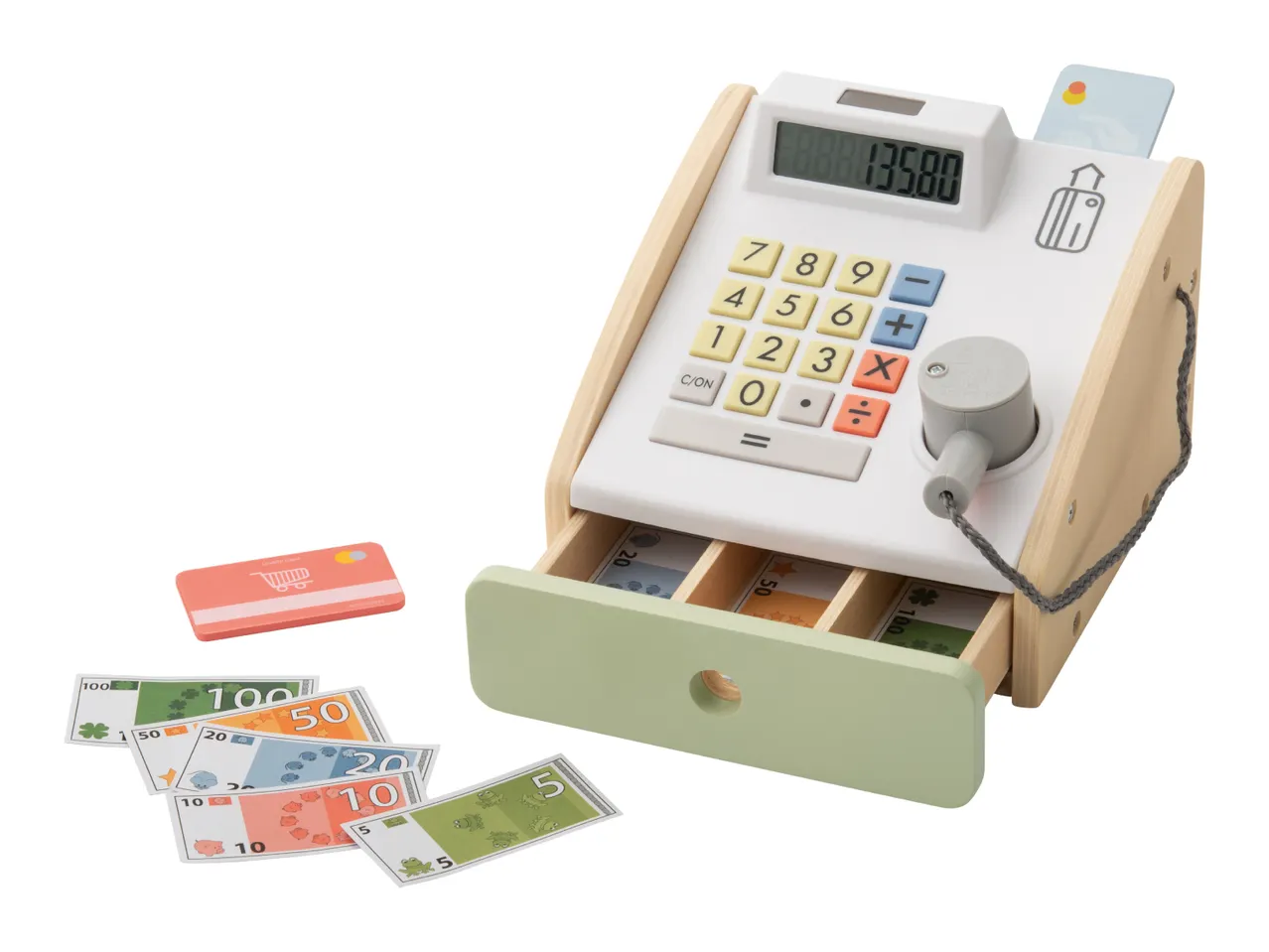 A wooden toy cash register with a calculator, play money, and credit cards.