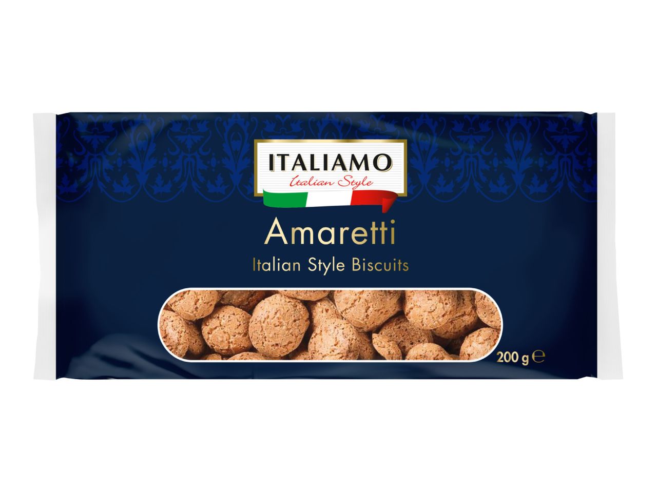 Packaging for Italian-style amaretti biscuits with a window showing the product, 200g