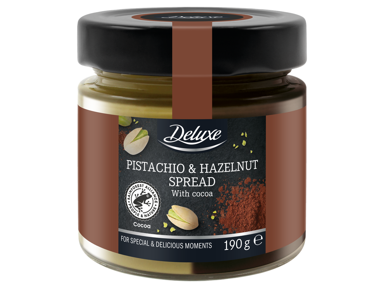 Deluxe pistāciju un lazdu riekstu pasta ar kakao, 190g.