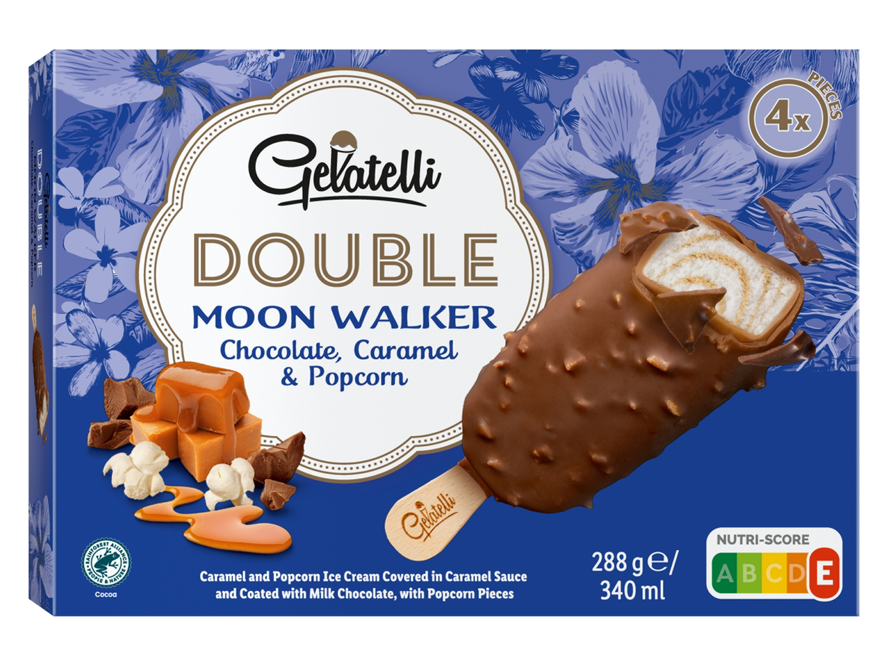 Gelatelli Double Moon Walker: chocolade, karamel & popcorn ijs.