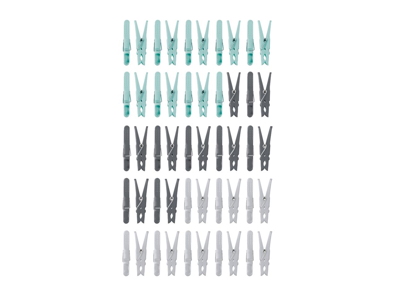 Assortment of plastic clothes pegs in light blue, dark grey, and light grey colors.