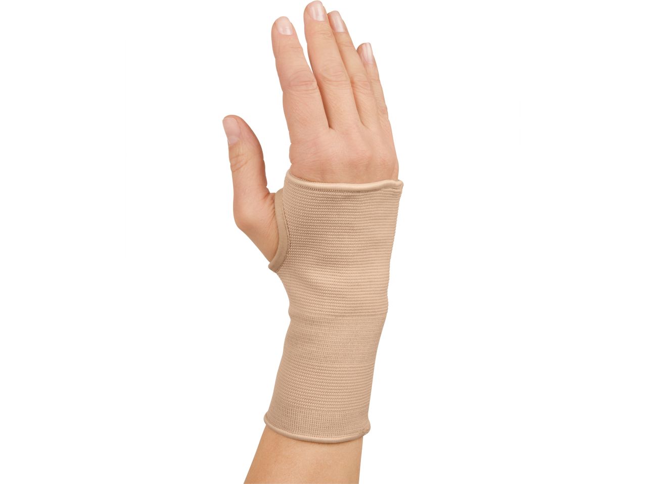 A hand wearing a beige wrist support brace, isolated on a white background.