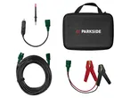 PARKSIDE car battery charger accessories including cables, clamps, and a carrying case.