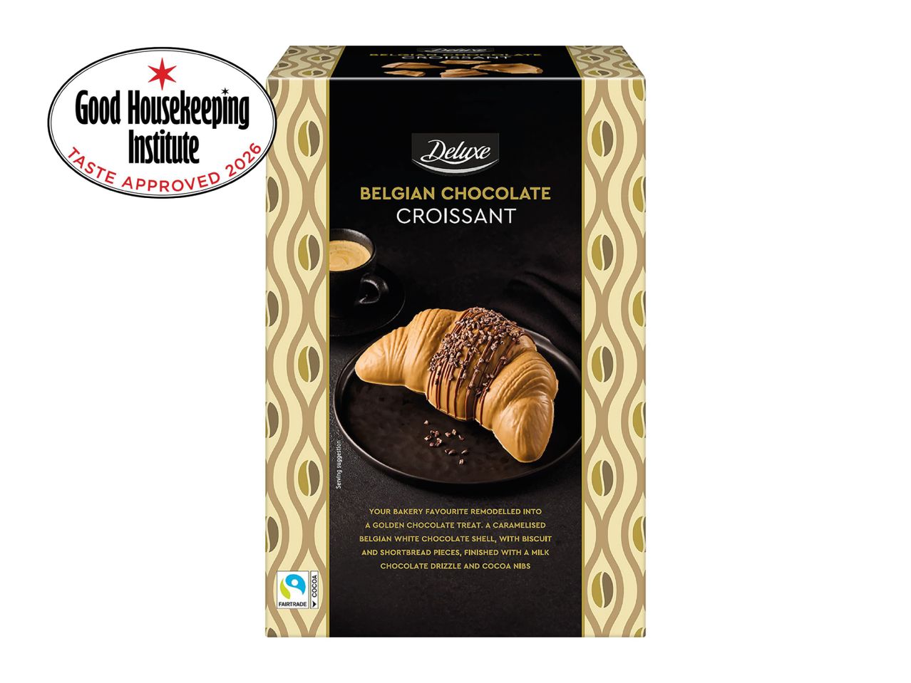 A box of Belgian chocolate croissants, featuring a croissant on a plate with a cup of coffee, and a 'Taste Approved 2026' seal.