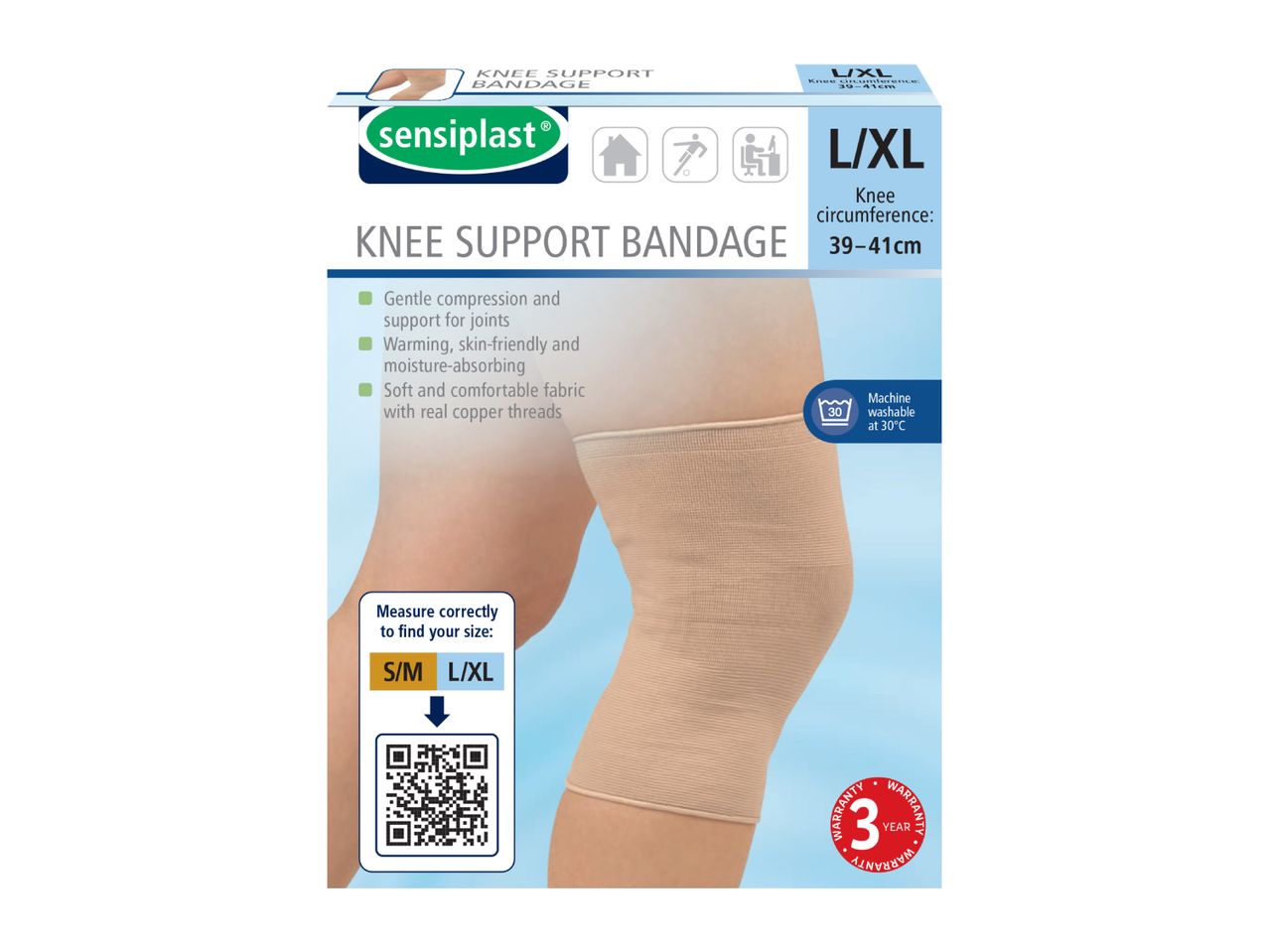 Sensoplast knee support bandage with L/XL sizing and features listed.