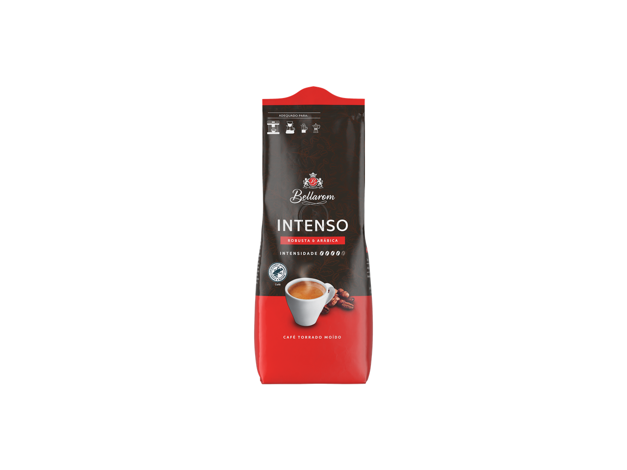 Embalagem de Café Torrado Moído Intenso Bellarom com uma xícara de café.