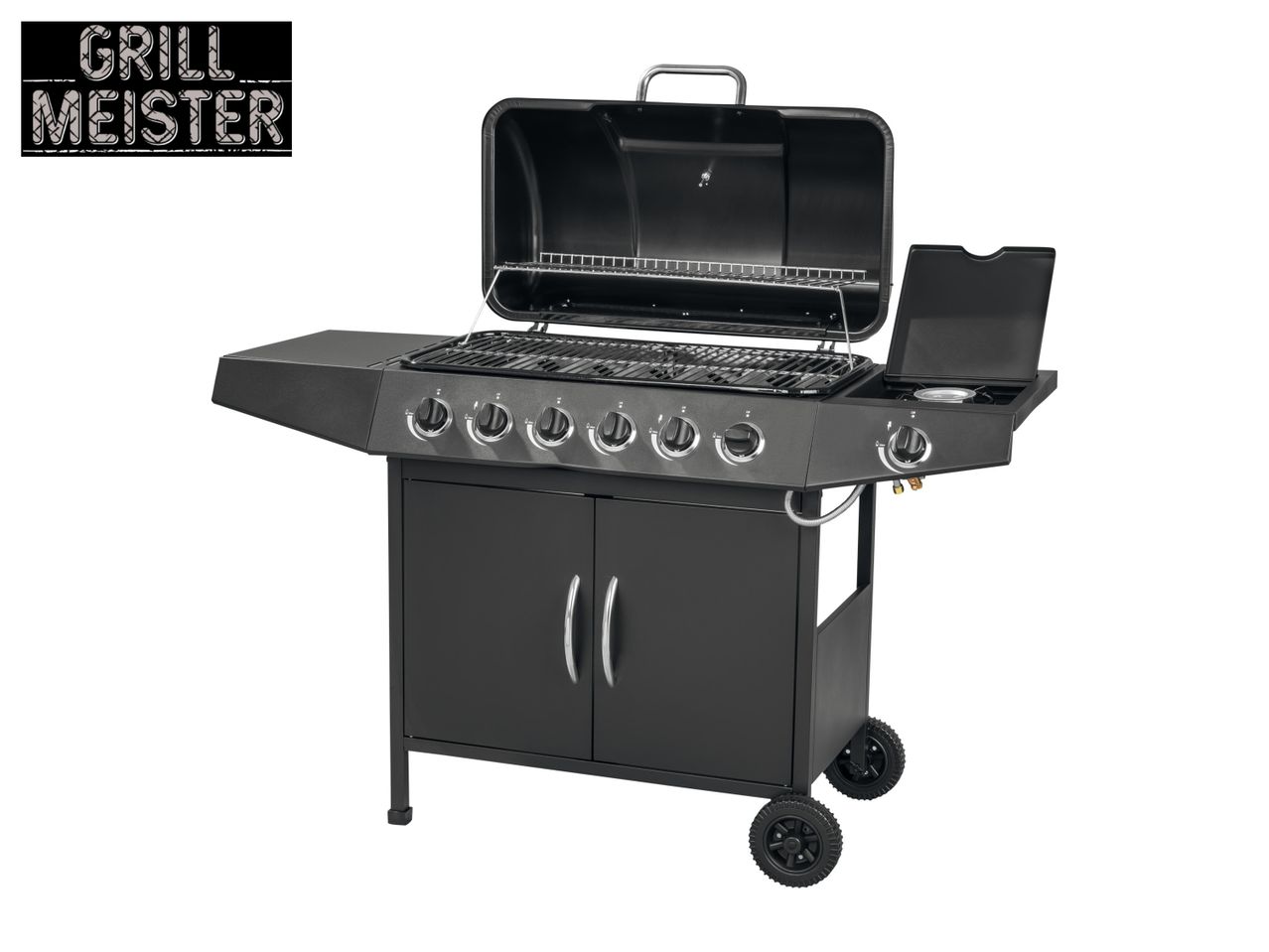 Grill Meister 5-burner gas grill with closed cabinet.