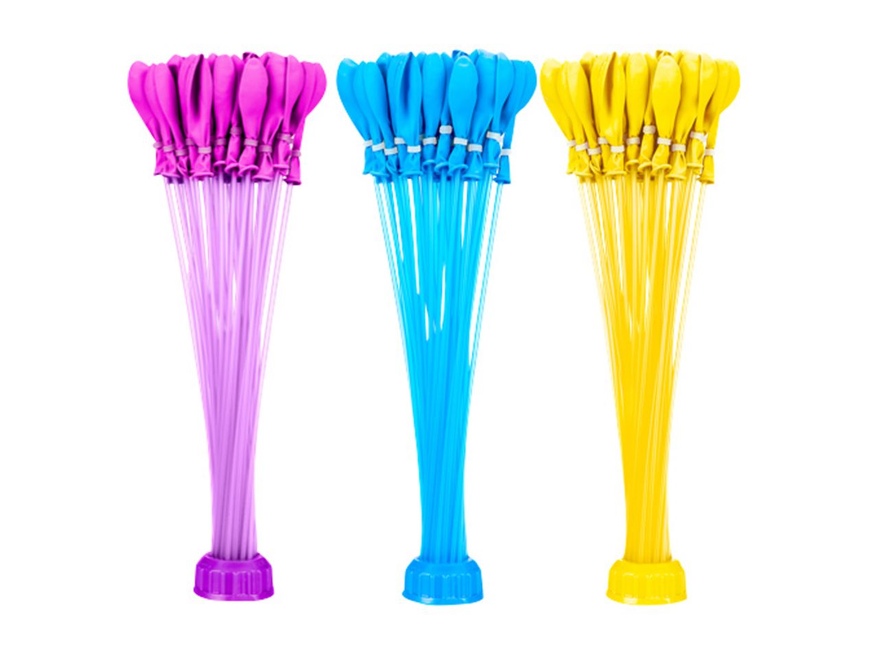 Water guns with balloons: yellow, blue, and purple.