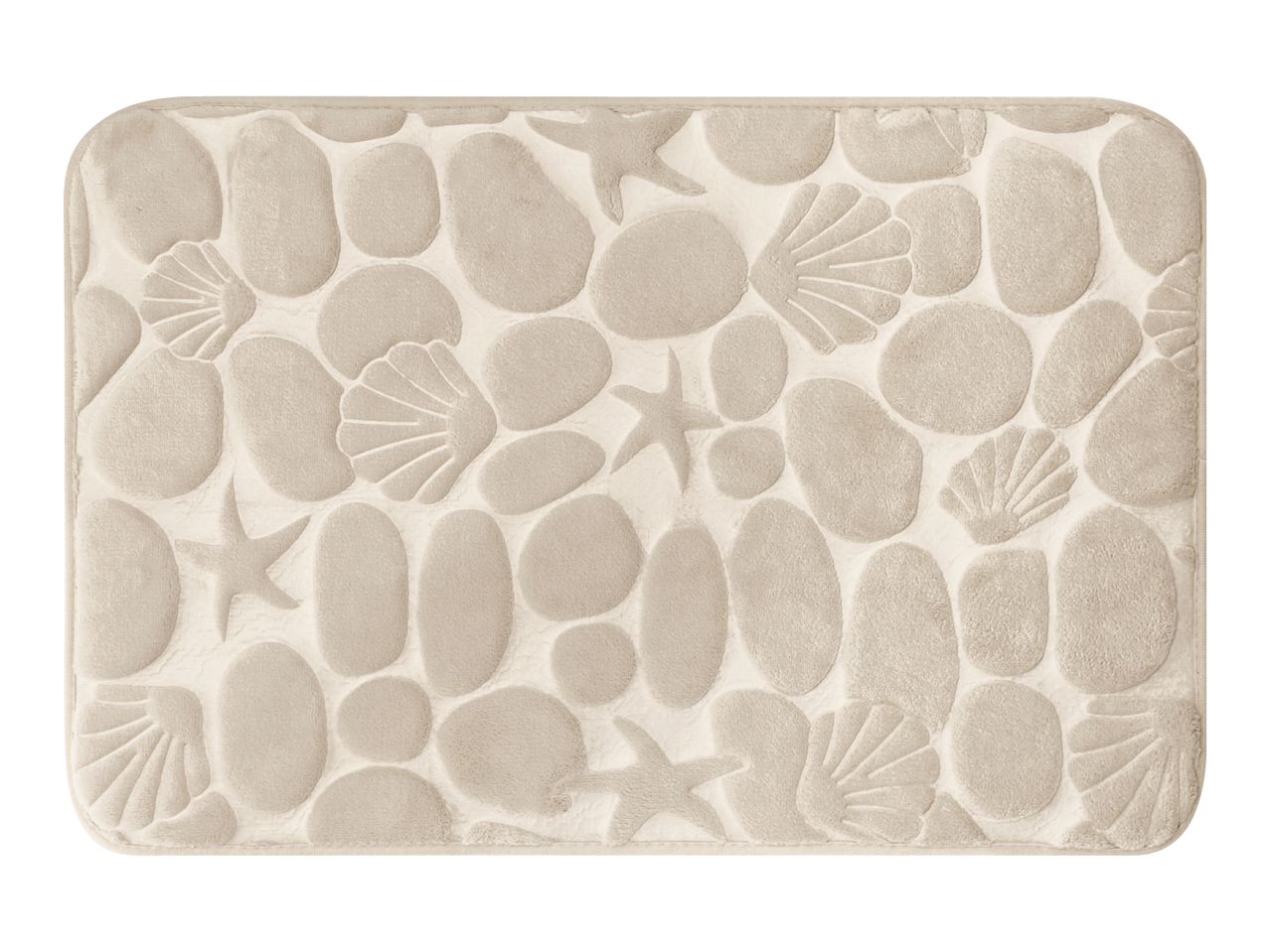 Beige bath mat with embossed pebble, seashell, and starfish patterns.