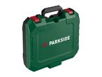 Green tool case with a black handle and red latches, featuring a white logo.