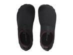 Pair of black water shoes with red stitching and pull tabs
