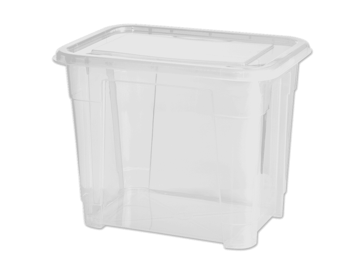 Transparente Aufbewahrungsbox mit Deckel auf weißem Hintergrund.
